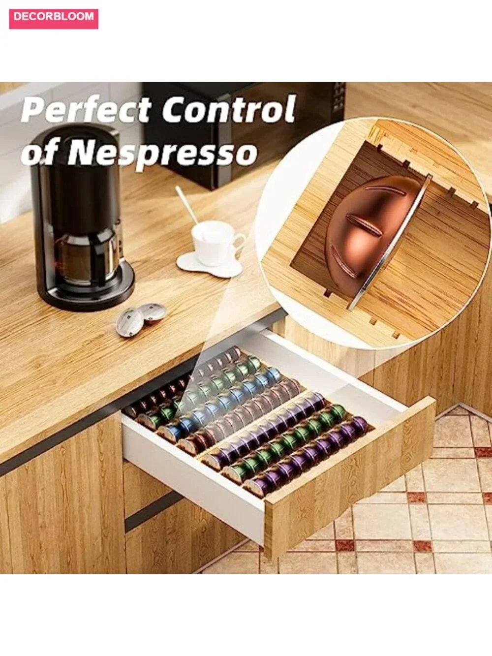 Bamboo Coffee Pod Storage Drawer Insert for Nespresso Vertuo Capsules